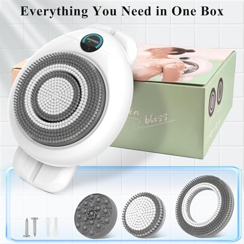 Electric Back Scrubber for Shower - Wall Mounted Exfoliating Brush, Hands-Free Automatic Body Scrubber, IPX7 Waterproof, 3-Speed Adjustment, 3 Replaceable Heads with 50pcs Disposable Shower Caps - color: White