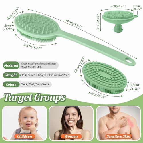 Silicone Face & Back Scrubber Set, Manual Face & Body Scrubber Exfoliator with Soft Bristles and Non-Slip Handle, Back Brush Bath Brush with 2 Detachable Brush Heads(3PCS Green Set) - color: 3*green Set