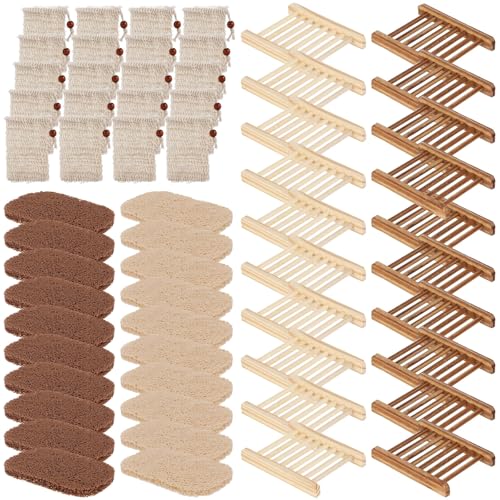 60PCS Soap Saver Set,Bamboo Soap Holder Including 20 Wood Soap Dishes with Waterproof Lacquer, 20 Loofah Soap Pads, 20 Cotton Linen Drawstring Soap Bags, Soap Saver Set for Bathroom, Shower, Travel