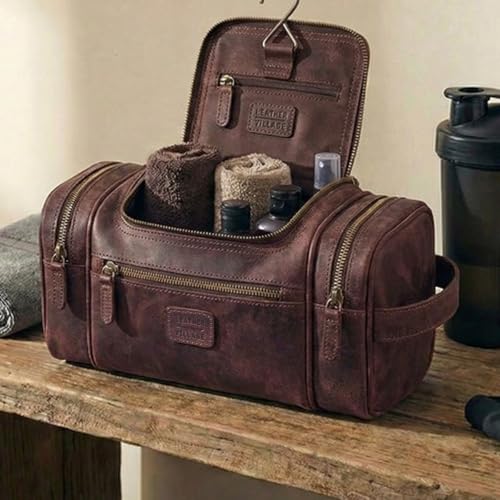 LEATHER VILLAGE Genuine Leather Travel Dopp Kit for Men & Women – Water-Resistant Large-Capacity Hanging Toiletry Bag for Travel, Grooming, Bathroom Organization, Shaving Essentials & Gym Use - Cherry - color: Cherry