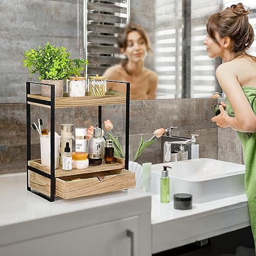 Ukonvi 2-Tier Bathroom Organizer Countertop with Drawer, Wood Counter Shelf for Storage, Vanity Tray for Organization and Decor, Countertop Organizer for Bathroom, Kitchen, Office (Brown) - color: Brown