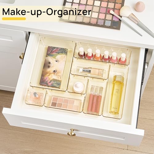 Vtopmart 25 PCS Clear Plastic Drawer Organizers Set, 4-Size Versatile Bathroom and Vanity Drawer Organizer Trays, Storage Bins for Makeup, Bedroom, Kitchen Gadgets Utensils and Office - color: Clear Champagne
