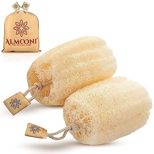 Almooni Natural Loofah Exfoliating Body Scrubber for Men and Women, Real Round Egyptian Loofah Sponge with Consistent Scrub Texture, Large Natural Shower Sponge for Body Exfoliation, 2-Count - size: 2 Count (Pack of 1)