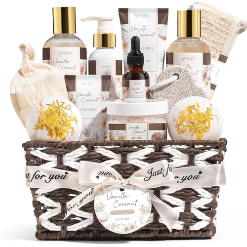 Mothers Day Birthday Gifts for Women, Vanilla Coconut Relaxing Spa Gift Baskets for Women Self Care Package Bath Gift Set, Home Bath and Body Kit Pampering Gifts for Womens Her Mom Friends Sister Wife - color: Brown-Vanilla Coconut