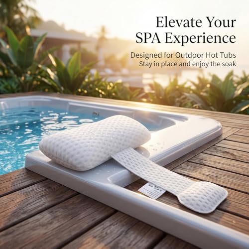 Hot Tub Pillow for Outdoor Bathtub（2-Pack）, Non-Slip Universal Spa Headrest Bath Pillow for Bath Tub, Lounge Chair Pillow, Comfortable Head and Neck Support with Weighted Adjustable Strap