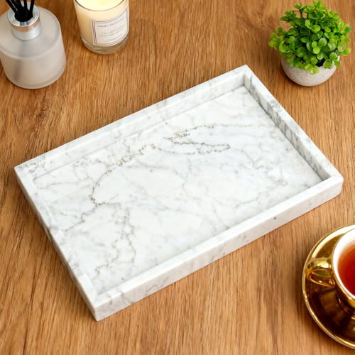 Genuine Marble Tray for Bathroom Sink, Perfume Tray for Vanity, Real Stone Tray for Home Decor, White Marble Storage Tray for Kitchen, Canisters Tray for Bathroom Countertop (Carrara White-12"x8"x1")