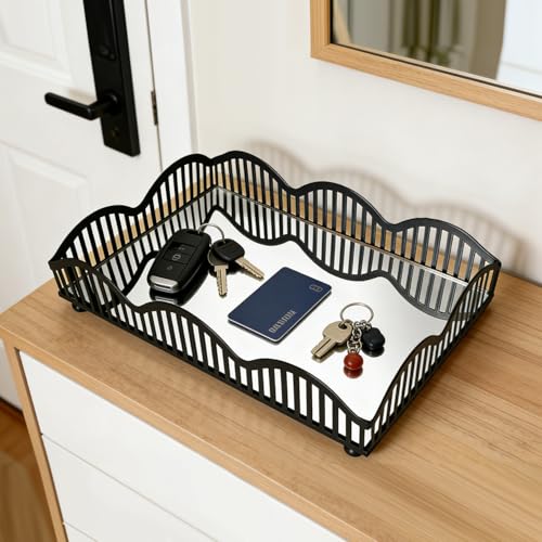 Black Metal Decorative Tray with Mirror Base - Square Multi-Purpose Tray for Bathroom, Living Room, Hallway and Kitchen (8.4"X5.8"X2") - size: 8.4" x 5.8" x 2"