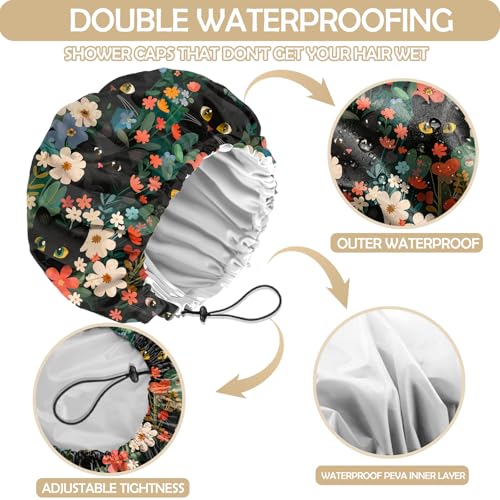 2 PCS Shower Cap Adjustable Reusable Double Waterproof Layer Elastic Hair Bath Cap Cute Aesthetic for Women Girls-Cats - color: I24-Cats