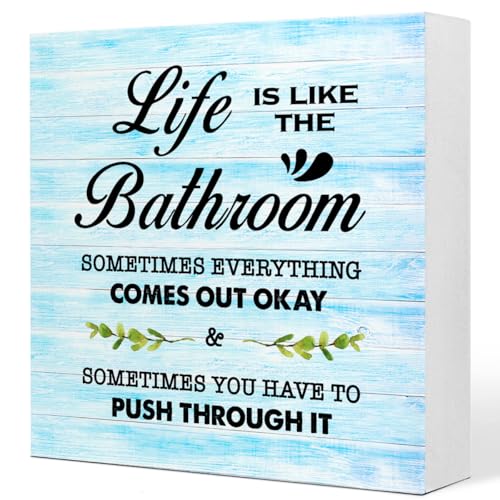 Blue Wood Life is Like The Bathroom Wooden Box Sign Desk Decor,Funny Bathroom Wood Block Sign for Farmhouse Toilet Shelf Decor - color: Blue Rustic