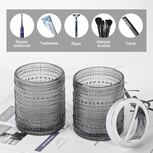 Grey Toothbrush Holders for Bathrooms, Glass Toothbrush Holder with 2 Slot Divider, 10oz Bathroom Tumbler and Mouthwash Cup, Tooth Brush Holder for Brushes, Toothpaste - color: Grey