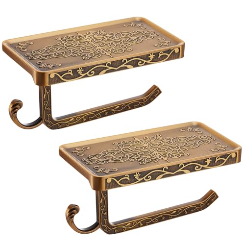LemonRoad 2 Pack Vintage Carved Toilet Paper Holder with Shelf, Antique Wall-Mounted Tissue Roll Holder with Phone Storage Rack, Rust-Resistant Bathroom Accessories