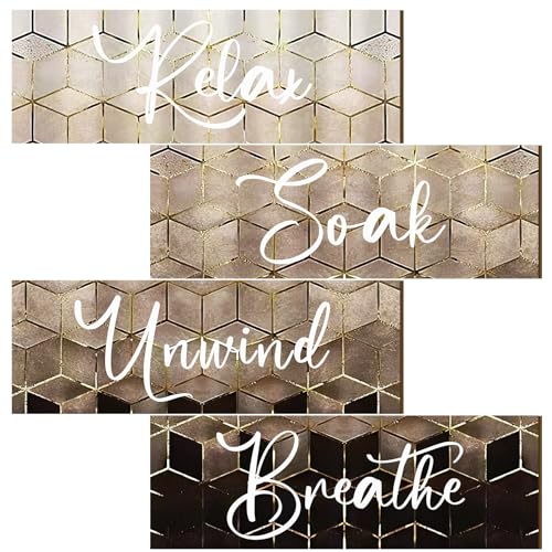 Huwena 4 Pcs Brown Bathroom Wall Decorations Modern Gradient Wood Wall Art Beige Bathroom Sign Relax Soak Unwind Breathe Geometric Golden Cubic Lines Hanging Sign for Home Living Room Toilet