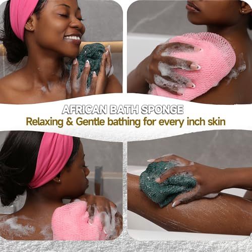 SubSahara Authentic African Net Sponge - 2 Pack Exfoliating Bath & Shower Loofah Sponge for Body & Face, Gentle Scrubber for All Skin Types, Travel, Durable (Ligh Pink & Teal) - color: Ligh Pink & Teal
