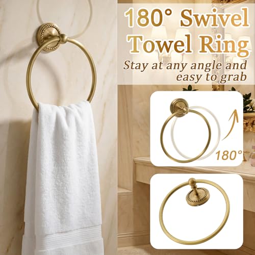 2 Pcs Antique Brass Braided Towel Ring and Toilet Paper Holder with Shelf, Wall Mounted Gold Tissue Roll Holder Hand Towel Ring Bathroom Hardware Accessories Set
