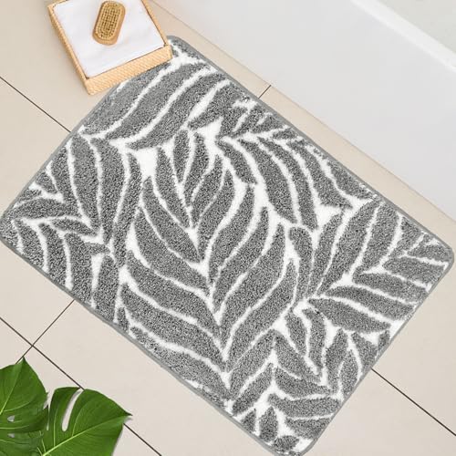 Gray Bathroom Rug - Grey Bath Mat Small Tropical Leaf Bath Rugs Non Slip Washable Bathrug for Bathroom Floor, Cute Bathmat Restroom Rug, Plant Absorbent Bath Mats Botanical Home Decor 16" x 24" - color: Grey, size: 1'4" x 2' (Rectangular)
