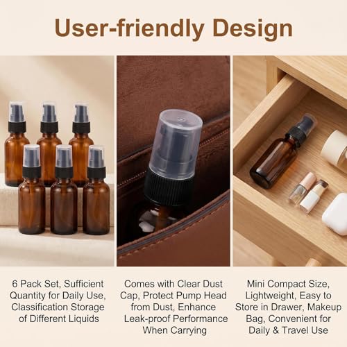 6PCS 30ml/1oz Amber Glass Lotion Pump Bottles Empty Refillable Cosmetic Makeup Travel Size Pump Dispenser Container Jars for Lotion Cream Essential Oils Toiletries