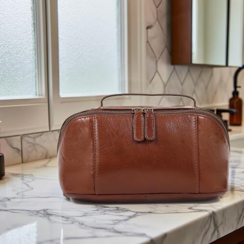 KomalC Luxury Leather Men’s Toiletry Travel Bag – Handmade Shaving Kit with Waterproof Interior, Spacious Storage & Carry Handle – leather travel Kit Bag for Men & Women (Wine) - color: Wine