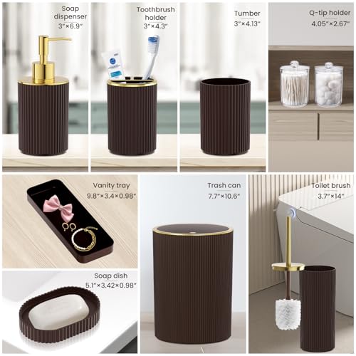 Brown Bathroom Accessories Set, 10PC Bathroom Set, Bath Accessory with Pop Up Trash Can, Soap Dispenser, Toilet Brush, Toothbrush Set Qtip Holders & Tray - color: Brown & Gold, size: 10-Piece Set (Accessories Only)
