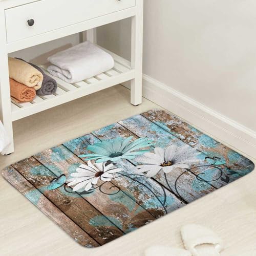 Farmhouse Floral Flower Bath Mat, Teal Daisy Rustic Wooden Plank Country Barn Wood Turquoise Blue Non-Slip Flannel Soft Doormat Floor Entryways Outdoor Indoor Front Door Mat, 19x31 - color: Teal-01, size: 1'7" x 2'7" (Rectangular)