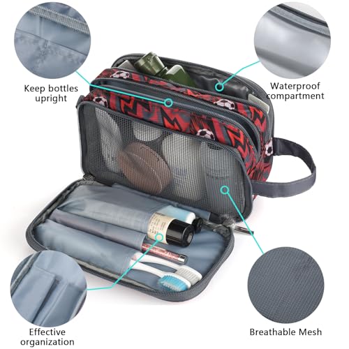 Kids Toiletry Bag for Boys, Travel Toiletry Bag for Little Young Boys Waterproof Hanging Wash Bag Toddler Traveling Toiletries, Red Soccer Balls - color: Red Soccer