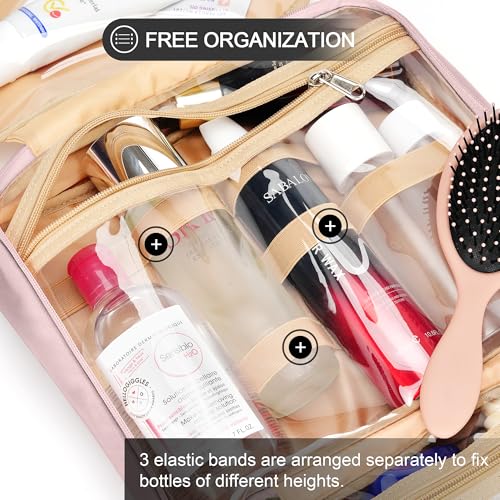 Travel Hanging Toiletry Bag for Women and Men, with 8 Leak Proofing Silicone Bottle Covers, Waterproof Makeup Accessories, Cosmetic Essentials, Cruise Ship Toiletries Bag with Jewelry Organizer, Pink - color: Baby Pink, size: Medium*1 + Leak Proofing Bott