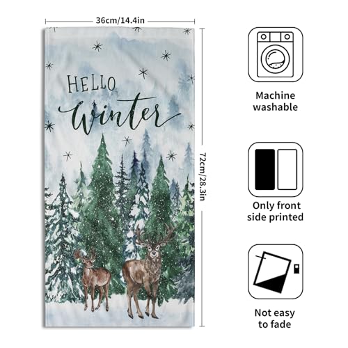 Winter Forest Deer Hand Towels Hello Winter Hand Towels for Bathroom Winter Pine Tree Fingertip Towels Set of 2 Christmas Trees Face Towels Soft Hand Bath Towel Decorations for Home Spa Gym 14”x28” - color: Winter Forest Deer