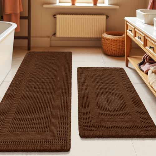 Waffle Bath Mat Set 2 Piece, Boho Woven Modern Bath Rug Absorbent Non Slip, Ultra Soft Bathroom Mats, Machine Washable Knit Bath Rugs with Tassels for Bathroom, Bedroom, Kitchen, Shower, Tub, Brown - color: Brown-looped, size: 24" x 17" + 5' x 2'(2-Piece