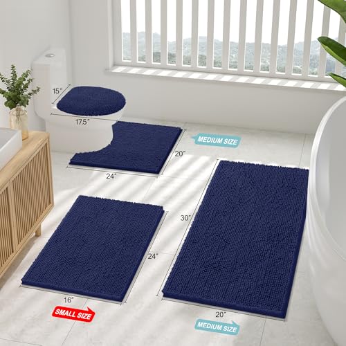Smiry Bathroom Rugs Sets 2 Piece, Soft Absorbent Chenille Machine Washable Non Slip Shaggy Bath Rug Set for Tub, Shower, and Floor (30x20+24x16, Navy Blue) - color: Navy Blue, size: 30"x20"+24"x16"