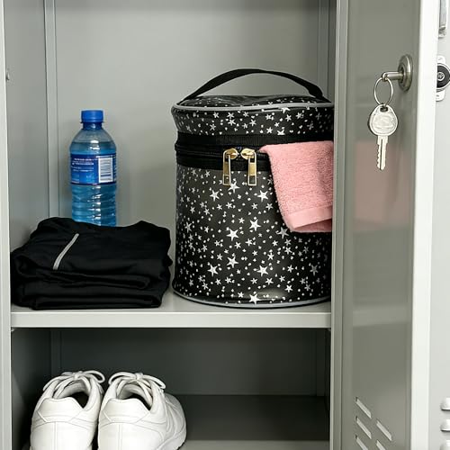 Waterproof Black Star PVC Makeup Bag - 7.1x6.3in Barrel Cosmetic Organizer with Zipper, Portable Toiletry Pouch for Women & Men (Black) - color: Black