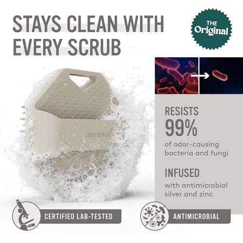 Sud Scrub® Antimicrobial Silicone Body Scrubber, Exfoliating Body Brush for Sensitive Skin, Antibacterial Shower Scrubber for Body, Bathroom Essentials for Men & Women, Clay - color: Clay