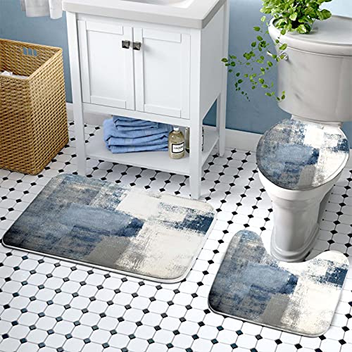 Lnond 4Pcs Grey Bathroom Shower Curtain Sets with Rugs, Blue and Grey Abstract Painting Gray Retro Bathroom Sets with Shower Curtain and Rugs and Accessories - color: Blue-01