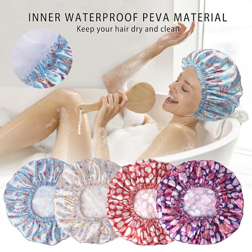 Shower Caps for Women, 4 PCS Elastic and Reusable Bath Caps, Double Layers Shower Cap Reusable Waterproof, Bathing Shower Caps, Environmental Bath Hair Protection Cap - Shell - color: Shell
