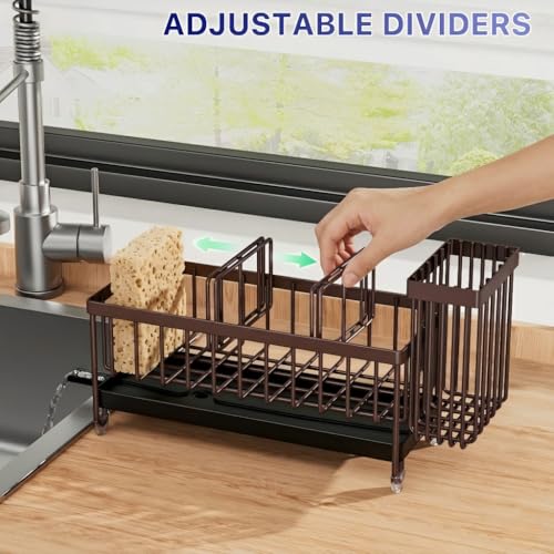 Cisily Brown Sponge Holder for Kitchen Sink, Sink Caddy Organizer with High Brush Holder, Kitchen Countertop Organizers and Storage Essentials, Rustproof 304 Stainless Steel, Soap Dispenser Organize - color: Brown - 9.25″