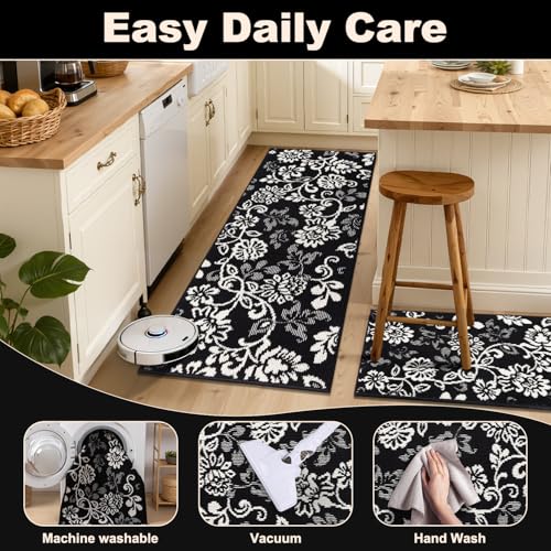 LOKHOM Boho Kitchen Rugs-24"x71" Non Slip Stain Resistant Kitchen Mats for Floor, Paisley Floral Runner Carpet for Hallways Entryway Laundry Washable (Black & White) - color: Black, size: 2' x 5'11" (Rectangular)