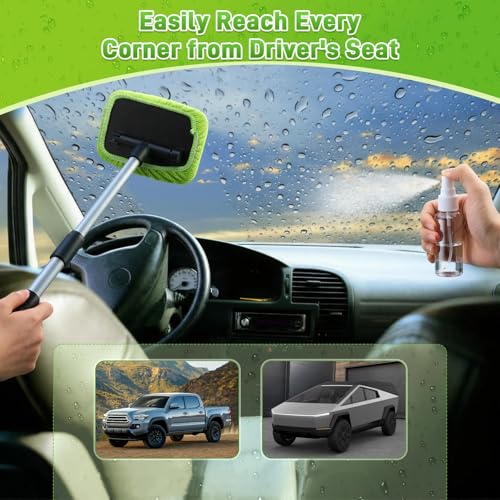 7 Pcs Windshield Car Squeegee and Collapsible Washing Bucket Combo Set 2 in 1 Squeegee Window Cleaner with Long Handle Car Interior Glass Cleaning Tool Reusable Pads Towel Spray Bottle