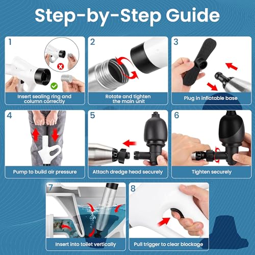 High-Pressure Toilet Plunger with Pressure Gauge, Manual Air Drain Blaster with 4 Attachments, 2 Hair Clog Removers and Reusable Gloves, Unclogs Toilet Shower Bathroom Drains
