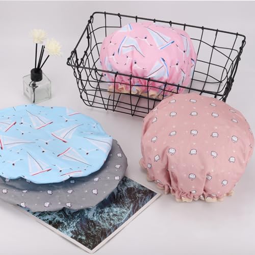 4 Pcs Shower Caps Hat for Women and Girl, Reusable Waterproof Bath Cap Double Waterproof Layers Cat and Boat Pattern - color: 4 Pack - Cat & Boat Pattern