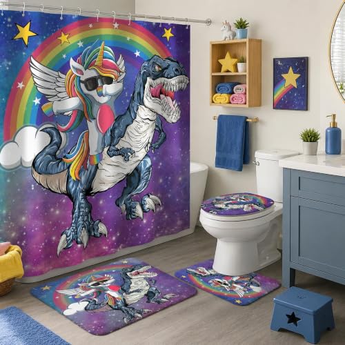 4Pcs Shower Curtain Set, Funny Unicorn Dinosaur Kids Bathroom Shower Curtain with Rugs and Accessories,with Non-Slip Rugs, Toilet Lid Cover and Bath Mat for Bathroom Decor Set - color: Unicorn Dinosaur