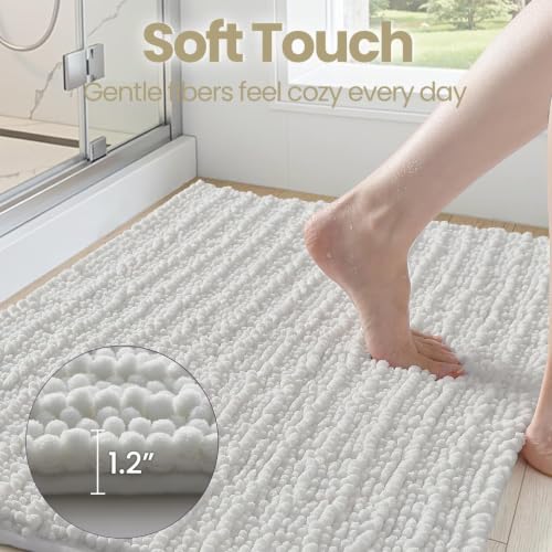 DEXI Bathroom Rugs 43x24, Super Soft Thick Chenille Absorbent Bath Mat, Non Slip Machine Washable Fluffy Shag Bathmat for Tub, Shower Floor, White - color: White, size: 43" X 24" (Rectangular)