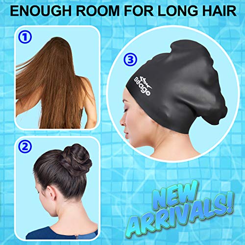Swim Cap Long Hair 2 Pack Swimming Caps for Women Silicone Swim Caps Keep Hair Dry Waterproof Comfortable Flexible Durable Bathing Cap Tear-Proof Design Large Women Adult Swimming Cap 10+ Years Girls - color: Black & Blue