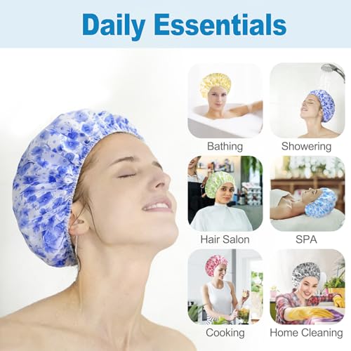 6 PCS Shower Caps for Women, Double Side Waterproof Shower Cap, Reusable Elastic Bath Caps for Shower, EVA Bathing Shower Caps, Bath Hair Caps - Plum Blossom - color: Plum Blossom