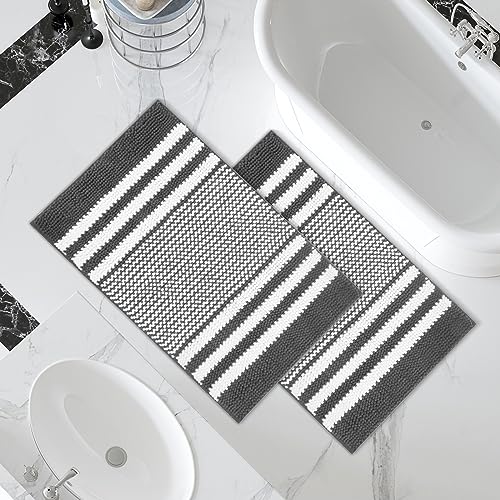 Tindbea Bathroom Rugs Set 2 Piece, Extra Soft and Absorbent Fluffy Striped Chenille Bath Mat Rug Set, Non Slip Bathroom Floor Mat, Machine Washable (20" x 32" Plus 20" x 32", Dark Gray) - color: Dark Gray, size: 20" x 32" Plus 20" x 32"