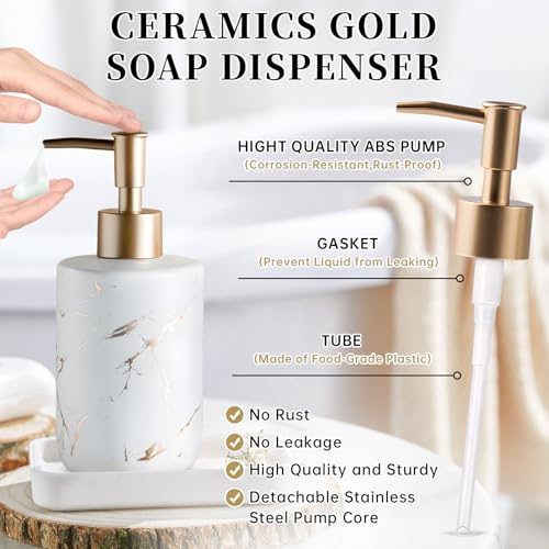Gold Soap Dispenser, Dish Soap Dispenser for Kitchen Liquid Soap Pump Dispenser for Shower, Ceramics Refillable Hand Soap Lotion Dispenser, Shampoo Lotions Bottle for Bathroom, 10.5 OZ (White). - color: White
