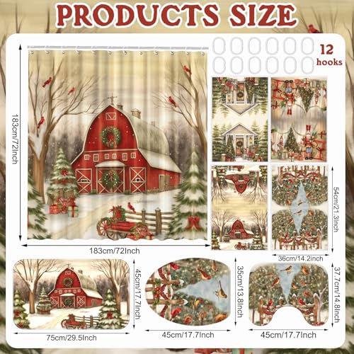 FuWeave 8 Pcs Christmas Shower Curtain Set Xmas Santa Bathroom Decoration Christmas Tree Hand Towels Snowman Toilet Lid Cover Bathroom Rugs Xmas Shower Curtain with Hooks(Farmhouse Style) - color: Farmhouse