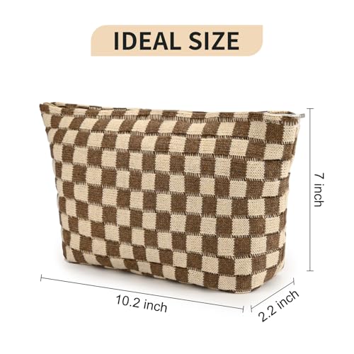 SOIDRAM 2 Pieces Makeup Bag Large Checkered Cosmetic Bag Capacity Canvas Travel Toiletry Bag Organizer Cute Makeup Brushes Aesthetic Accessories Storage Bag for Women, Brown checkered - color: Brown checkered