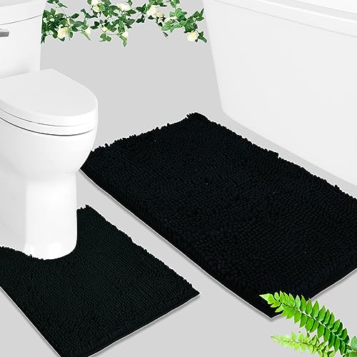 BOANKODU Bathroom Rug Sets, Absorbent Chenille Bath Rugs Non-Slip, 32x20 Inch + 20x20 Inch U Shape, Machine Washable (Black) - color: Black, size: 20" x 32" + 20" x 20" (U-Shape)