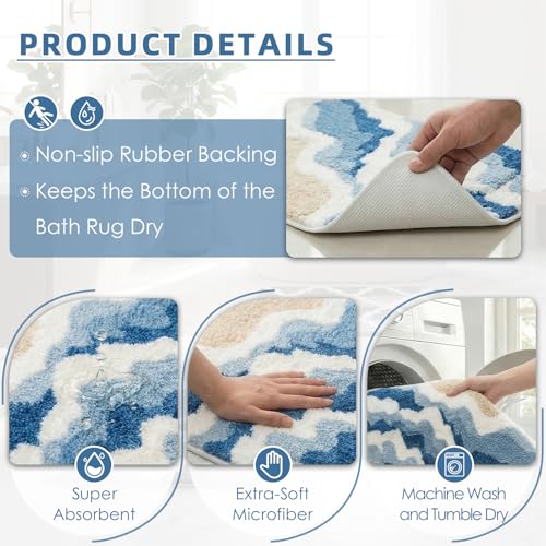 Arttown Blue Sea Waves Bathroom Rug Set 2 Piece Fluffy Microfiber Non-Slip Water Absorbent Bath Mat Soft Washable Floor Rug for Tub Showers Laundry Room Decor (16"x24"+20"x32") - color: Blue