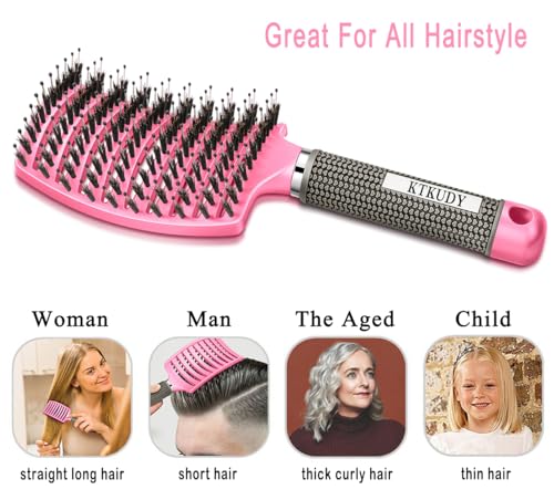 KTKUDY Detangling Brush Boar Bristles Hairbrush Make Hair Shiny & Healthier Curved and Vented Detangler Brush for Women Men Kids Wet & Dry Hair (Pink) - color: Pink