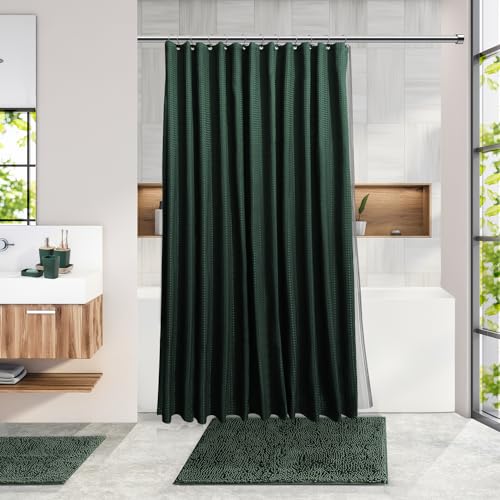 Clara Clark Bathroom Accessories Set - 27PC Bathroom Set with Adhesive Corner Shower Caddy Hanging, Bathroom Sets with Shower Curtain and Rugs, Hunter Green Shower Curtain Set with Bathroom Trash Can - color: Hunter Green, size: Complete Set + Bath Rug +
