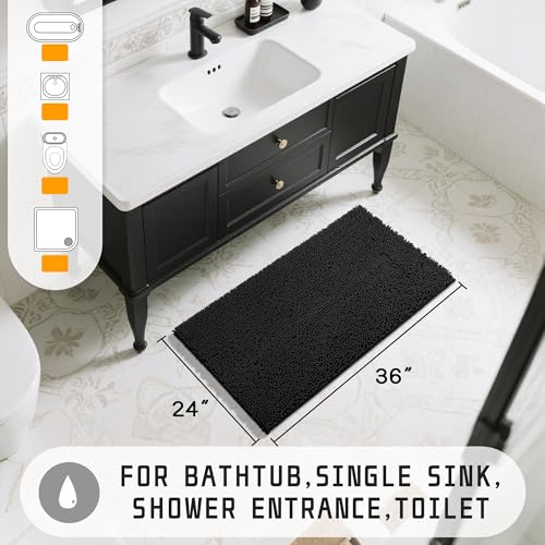 Yimobra Large Bathroom Rugs 36"x24", Non Slip Bath Mat for Tub, Shaggy Rug Floor Carpet, Extra Soft Super Absorbent Quick Dry, Machine Washable,Black - color: Black, size: 36" X 24"